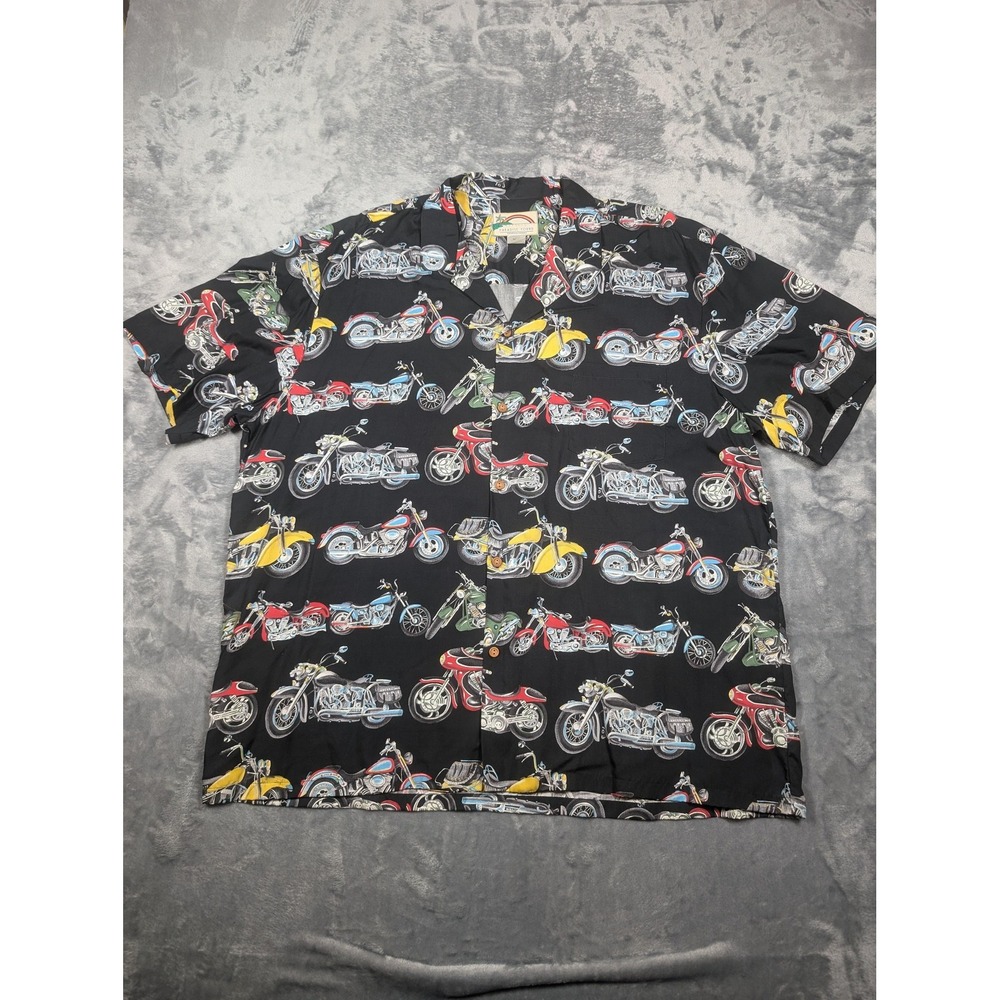 Paradise Found Shirt Mens 2XL Black Rayon Hawaiian Aloha Motorcycle Made Hawaii